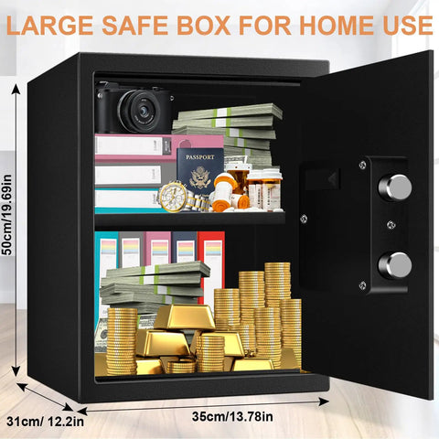 Fireproof Waterproof Home Safe with digital keypad, open to show valuables like cash, gold bars, and secured documents, 3.3 cu ft.