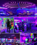 Two Pack 36W Black Light Bar Kit With Plug And Switch 5ft Cord 180 Degree Beam Covers Up To 22x22 Feet 385 400nm UV Glow showcasing neon art and decor in multiple venues