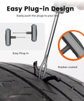Flat Tire Repair Kit With Plugs 16 Pcs Heavy Duty Tire Plug Kit For Car Motorcycle ATV Jeep Truck Tractor T Handle Stainless Steel Tools With Ergonomic Rubber Grips shown repairing a tire puncture.