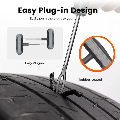 Flat Tire Repair Kit With Plugs 16 Pcs Heavy Duty Tire Plug Kit For Car Motorcycle ATV Jeep Truck Tractor T Handle Stainless Steel Tools With Ergonomic Rubber Grips shown repairing a tire puncture.