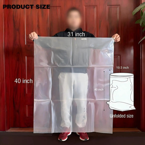 Person holding 55 Gallon Dust Collector Bags 6 Pack One Sided 3.5 Mil Clear Poly 31x40 Inches showcasing size and transparency.