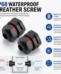 Must-Have IP68 Breather Screws M12x1.5 for Electrical Cabinets, dual port air vent with auto pressure regulator, black finish