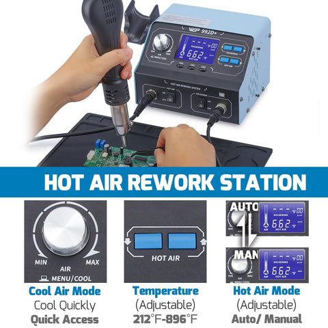 Person uses Pro Grade All In One 2 In 1 Soldering Iron Kit And Hot Air Rework Station With LCD Display on circuit board