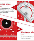 Heavy Duty Aluminum Router Table Insert Plate With Rock Solid Miter Guide Dual Metric Imperial Angle Scales And Rotating Sliding Ruler For Hassle Free Woodworking Setup Red showing precise scale adjustments.