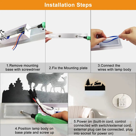 Installation steps for Forest Deer Cartoon Wall Sconce LED Light with wiring and mounting procedures.