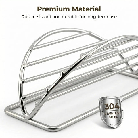 Close-up of 4 Piece Stainless Steel Taco Holder Stand Set With V Shaped Multi Layer Taco Rack, showing rust resistance