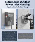 Extra large outdoor power inlet housing shown on wall, metal enclosure with open lid, part of 50A Generator Inlet Box And Plug With Built In Circuit Breaker Weatherproof 125 And 250V Power Inlet Set 12500W ETL Listed For Reliable Emergency Backup Power.