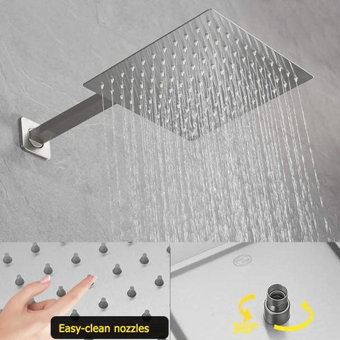 Brushed Nickel Shower System With 10 Inch Rain Shower Head And Handheld Wall Mounted Luxury Shower Mixer 304 Stainless Steel Hose. Shown with square head and easy-clean nozzles.