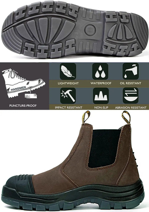 Mens Steel Toe Waterproof Work Boots Slip On Safety Shoes with slip resistant and anti static design, outsole shown