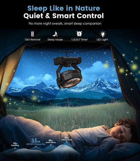 Rechargeable Camping Fan With 60 Hour Battery hanging in tent with sleeping child, mountains visible through opening.