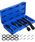 Blue plastic case with eight black 1/2-inch drive impact wrench sockets and sleeve adapters
