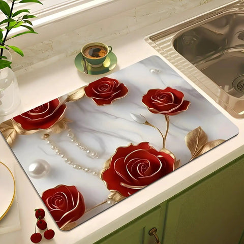 Absorbent Coffee Machine Mat for Countertop with Non Slip Surface, 11.8x17.7 Inches, featuring red roses design on a kitchen counter.
