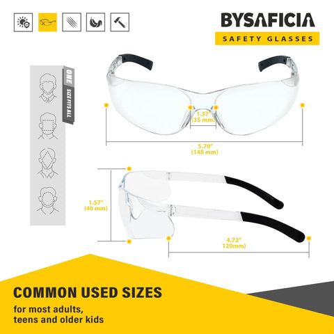 12 Pack Clear Safety Glasses Bulk With Kickass Scratch Resistant Polycarbonate Lenses And Sweet Uv Protection For Heavy Duty Job Sites And Weekend Diy Projects Rock Solid Ansi Z87 Approved size chart and dimensions