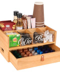 Slick Two Tier Coffee Bar Organizer With Clear Acrylic Window Top And Built In Drawer, Compact Countertop Storage Box For Coffee Pods And Mugs.