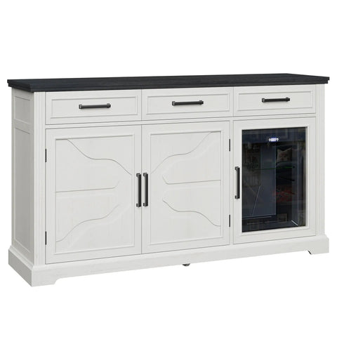 Farmhouse 60 Inch Coffee Bar Cabinet With Built In Bev Fridge And Drawer Storage, Wine Bar Cabinet With Mini Fridge, White Sideboard