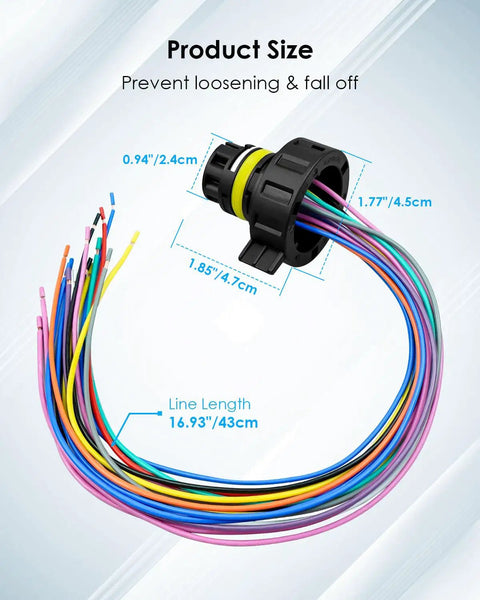 Measurement details of Chevy GMC External Harness Repair Kit For 6L80E 6L90E Transmissions And 6R60 6R80 6R75 With TCM T43 Wiring Connector Pigtail Replacement 1292813 3500168 Interchangeable Parts, showing wire lengths and connector dimensions.