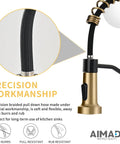 Close-up of precision braided pull down hose for Badass Matte Black Kitchen Faucet With Sleek Gold Accent Pull Down Sprayer.