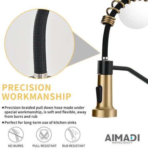 Close-up of precision braided pull down hose for Badass Matte Black Kitchen Faucet With Sleek Gold Accent Pull Down Sprayer.