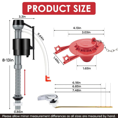 Toilet Flush Valve Replacement Kit With Height Adjustable Fill Valve And No-Fuss Threaded Flow Control Knob, 2-Inch Flapper, Toilet Handle Lever dimensions