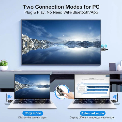 Image showing two laptops connected to a TV using Upgraded Wireless HDMI Transmitter and Two Receivers With LED Screen.