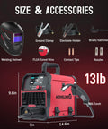 3 In 1 Flux Core Mig Welder 140A Portable 110V Inverter with accessories including helmet, cables, and tools, size 14.6x9.6x7 inches.