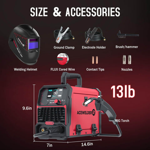 3 In 1 Flux Core Mig Welder 140A Portable 110V Inverter with accessories including helmet, cables, and tools, size 14.6x9.6x7 inches.