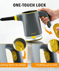 Entalva Handheld Steam Cleaner Gray With Smart Led Display And 15 Pieces Cleaning Kit showing one-touch lock mechanism and ergonomic handle.