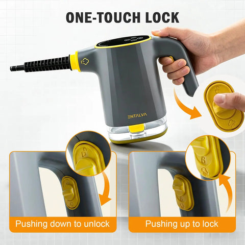 Entalva Handheld Steam Cleaner Gray With Smart Led Display And 15 Pieces Cleaning Kit showing one-touch lock mechanism and ergonomic handle.