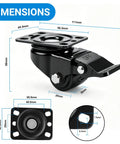 Heavy Duty Low Profile Caster Wheels Set Of Four With Brakes, showing dimensions and design for heavy loads and smooth rolling.