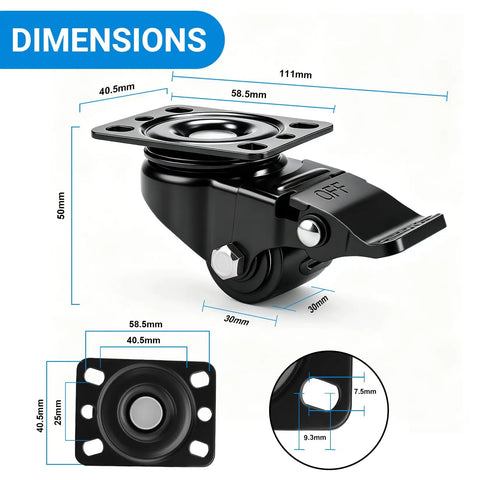 Heavy Duty Low Profile Caster Wheels Set Of Four With Brakes, showing dimensions and design for heavy loads and smooth rolling.