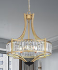 Elegant gold crystal chandelier with clear prisms and modern design, ideal for luxury living room or hotel decor.
