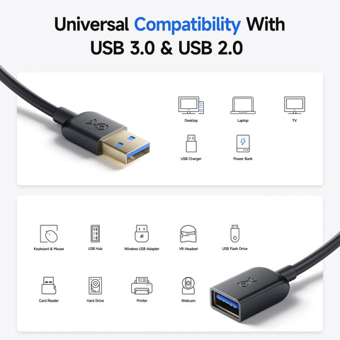 USB 3.0 Extension Cable 3-Foot Male To Female, 5Gbps SuperSpeed Extender, universal compatibility with USB 3.0 and USB 2.0.