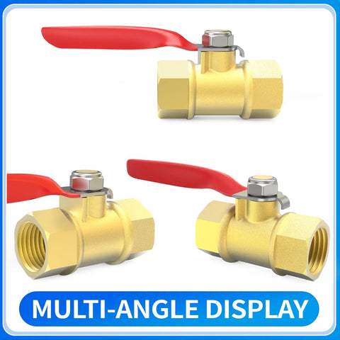 Multi-angle view of Brass Ball Valve One Quarter Inch NPT Female To One Quarter Inch NPT Female Air Compressor Line Shut Off Switch