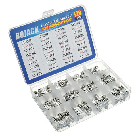 Premium Slow Blow Glass Fuse Kit 120 Pc Value Pack 12 Fuse Types 0.5A To 10A 5x20mm 250V Clear Storage Case open with fuses