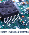 Close-up of a circuit board with water droplets showcasing silicone conformal coating 422C, protects electronics from moisture and corrosion.