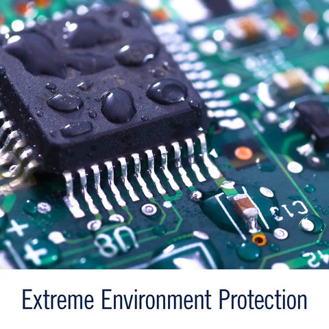 Close-up of a circuit board with water droplets showcasing silicone conformal coating 422C, protects electronics from moisture and corrosion.