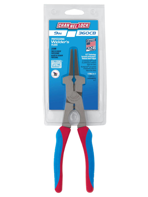 Built Like A Tank American Workshop Welding Pliers Equipped With Xlt Extreme Leverage To Crush Spatter Blast Nozzles Pry Bushings Loose Speedy Spring Loaded Groove Nose Jaws Pinch Draw Wire And Function As A Rock Solid Hammer At Nine Inches in packaging.