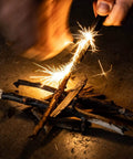 Ceramic Striker Ferro Rod Fire Starter Kit With Zirconia Stone in use, emitting sparks on sticks, emergency survival tool.