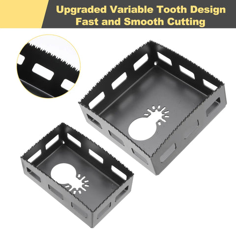 Two Pack Square Slot Cutter For Drywall Outlet Boxes Heavy Duty Oscillating Tool Bit With Precise 2-3/8 By 3-3/4 Inch Or 3-3/4 By 3-3/4 Inch Holes Thick Tough Blade For Rigidity And Long Service Life Fast Outlet Box Openings, black metal blades