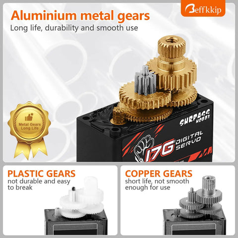Beefy 17g Metal Gear Digital Servo 1.8kg Torque 4.8V To 6V RC Servo showcasing aluminum metal gears and durability features