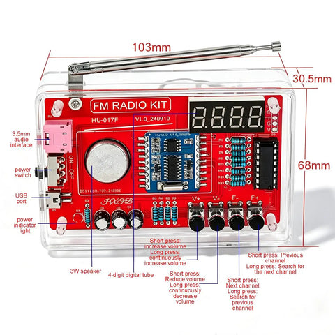 Hands On DIY FM Radio Soldering Kit For Electronics Learning Solder Practice Essentials Build A Functional FM Radio Speaker Beginner Friendly Kit With English Instructions And Easy Assembly, red circuit board close-up with digital display and speaker