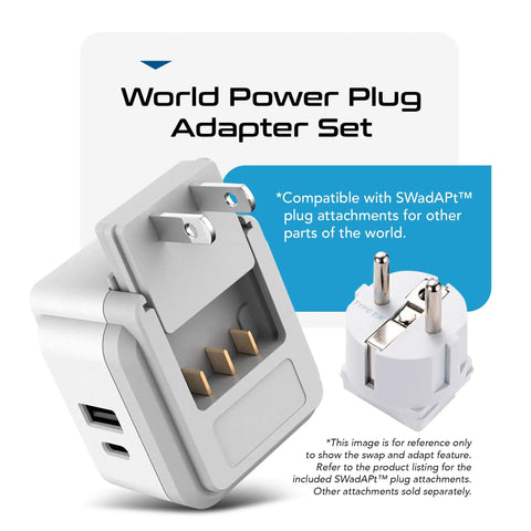 Worldwide Travel Plug Adapter Kit With Dual USB And USB C 3.1A, 20W QC PD, Two US Outlets, Compact Yet Powerful, SWAdapt technology shown