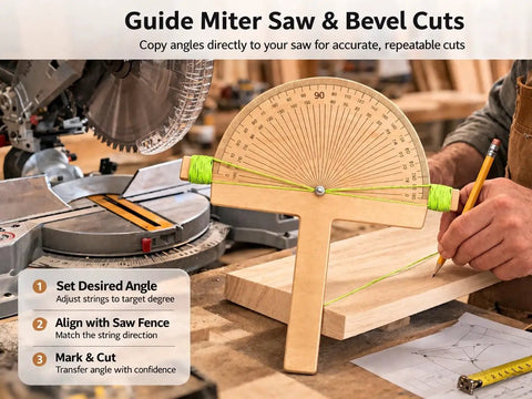 Heavy Duty Angle Finder Ruler And Protractor Tool For No Sweat Woodworking Layouts With Crisp Degree Markings and Secure Pivot Lock in use for accurate cuts.