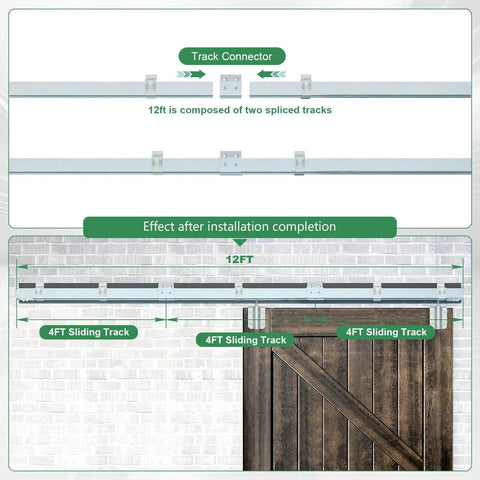 Exterior Sliding Barn Door Hardware Kit With 12 Ft Galvanized Steel Box Track Heavy Duty Wall Mount System For Outdoor Use Fits Doors Up To 72 Inches Wide And Supports Up To 300 Lb, shown installed on brick wall with wooden door