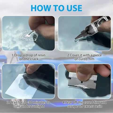 Step-by-step guide showing Two Piece Windshield Crack Repair Kit With Glass Repair Resin For Chips And Cracks Quick Fix In About Twenty To Thirty Minutes Brings Back Clarity And Strength DIY Auto Glass Repair For Cars Trucks SUVs in use.