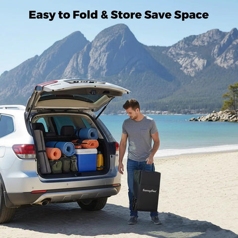 Man holding Beefy 550 Lb Heavy Duty 49 Inch Foldable Wagon Cart With Big Wheels next to SUV at beach with gear-loaded trunk