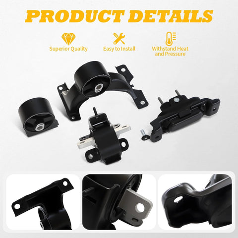 4 Piece Engine And Transmission Mount Set For Grand Caravan 2011 To 2020 V6 3.6L Automatic Replacement Mounts For Town And Country CV Routan A5665 A5480 A5589 A5577 Direct Fit Replacement To Restore Performance And Minimize Vibration For A Smooth Quiet displayed with detailed view of individual mounts