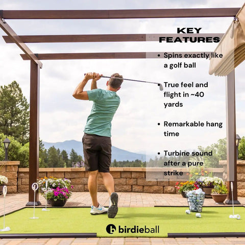 Man practicing golf swing on patio with Practice Golf Balls 12 Pack With True Flight And Real Spin For Backyard And Indoor Training