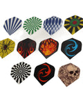 Durable PET Flights for Darts 77 Piece Variety Pack showing different designs for steel and soft tip darts