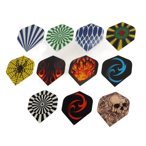 Durable PET Flights for Darts 77 Piece Variety Pack showing different designs for steel and soft tip darts